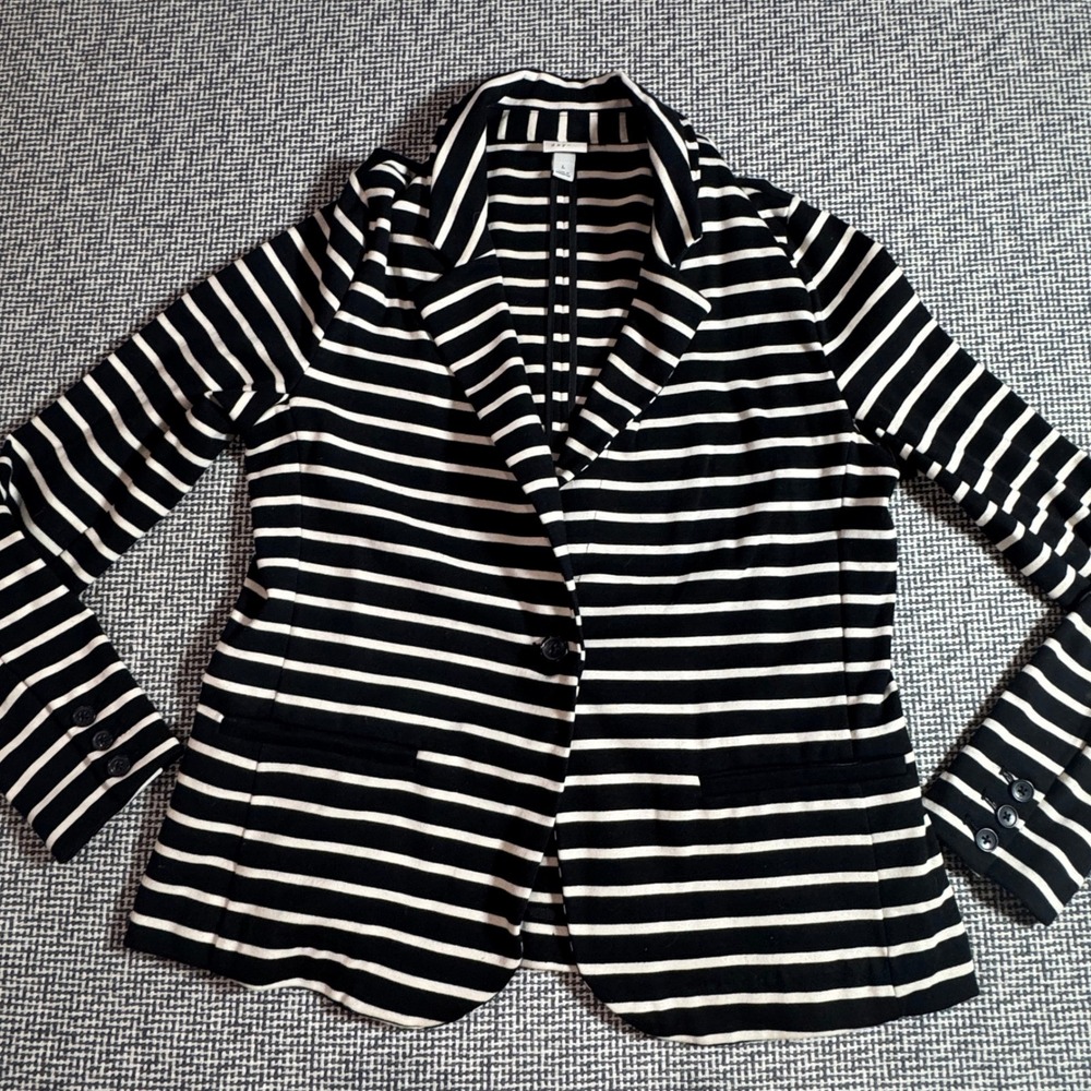 A New Day Womens Large Black White Striped Knit Blazer Single Button Jacket